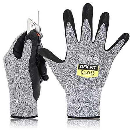 

DEX FIT Level 5 Cut Resistant Gloves Cru553 3D Comfort Stretch Fit Power Grip Durable Foam Nitrile Pass FDA Food Contact Smart Touch Thin & Lightweight Grey 10 (XL) 3 Pairs