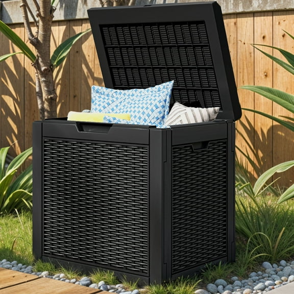Uforic Outdoor Lockable 32 Gal Resin Deck Box, Storage Box with Lockable Lid & Side Handles, Black