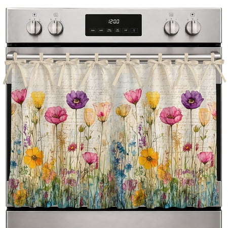 Farmhouse Oven Skirt Curtain Spring Floral Oven Curtain Tie Top Summer Botanical Watercolor Flowers Pastoral Stove Skirt Curtains with Ties&Ruffle Trim Dishwasher Skirts Curtains for Cabinet 27 x20