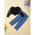 thumbnail image 3 of hirigin Kid Girl Pants Suit, Long Sleeve Round Neck Dot Print Loose Tops + Fall Summer Casual Ripped Jeans, 3 of 9