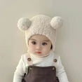 thumbnail image 3 of Cute Winter Warm Kids Girl Boys Baby Hats Fleece Wool Hemming Caps with Ball Wool Ear Protection Hats Soft Newborn Bonnet (Khaki), 3 of 7