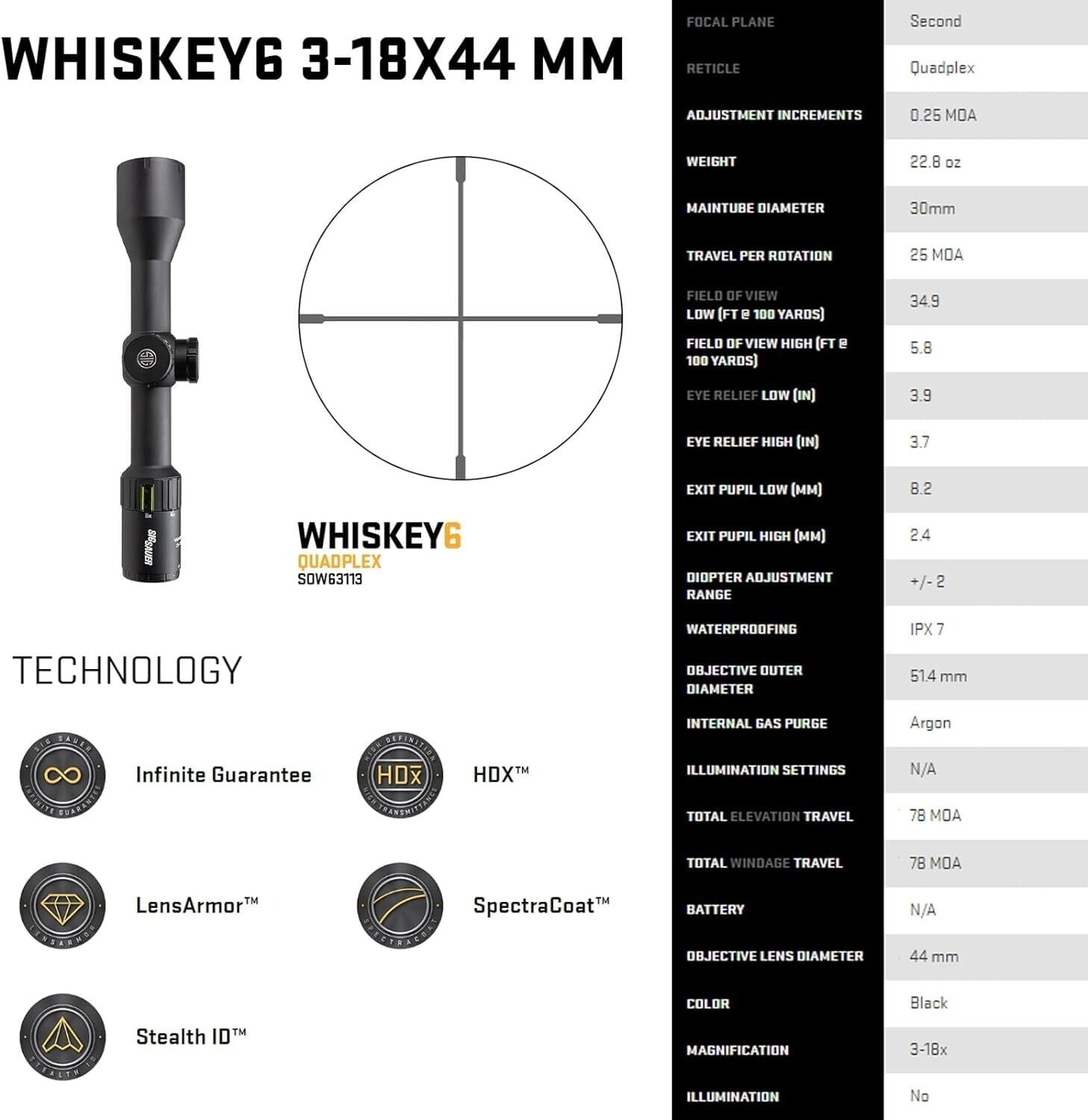 Sig Sauer Whiskey6 Scope 3-18X44Mm, 30mm, SFP, Quadplex