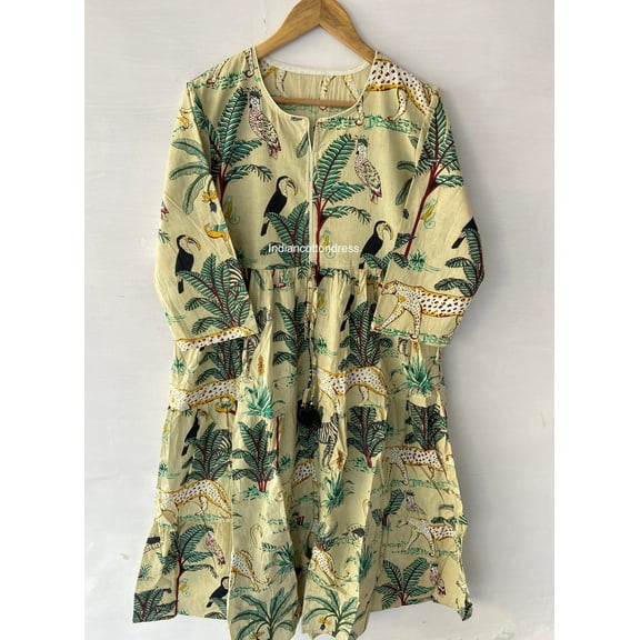 Forest Printed Dress, Floral Handblock Print Cotton Dress,Handmade Dress ,Sketer Circle Dress, Flapper Dress,