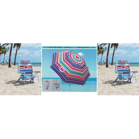 2 Tommy Bahama Backpack Cooler Beach Chairs & 1 Beach Umbrella (2 Blue Chairs + 1 Blue Umbrella) MULTI