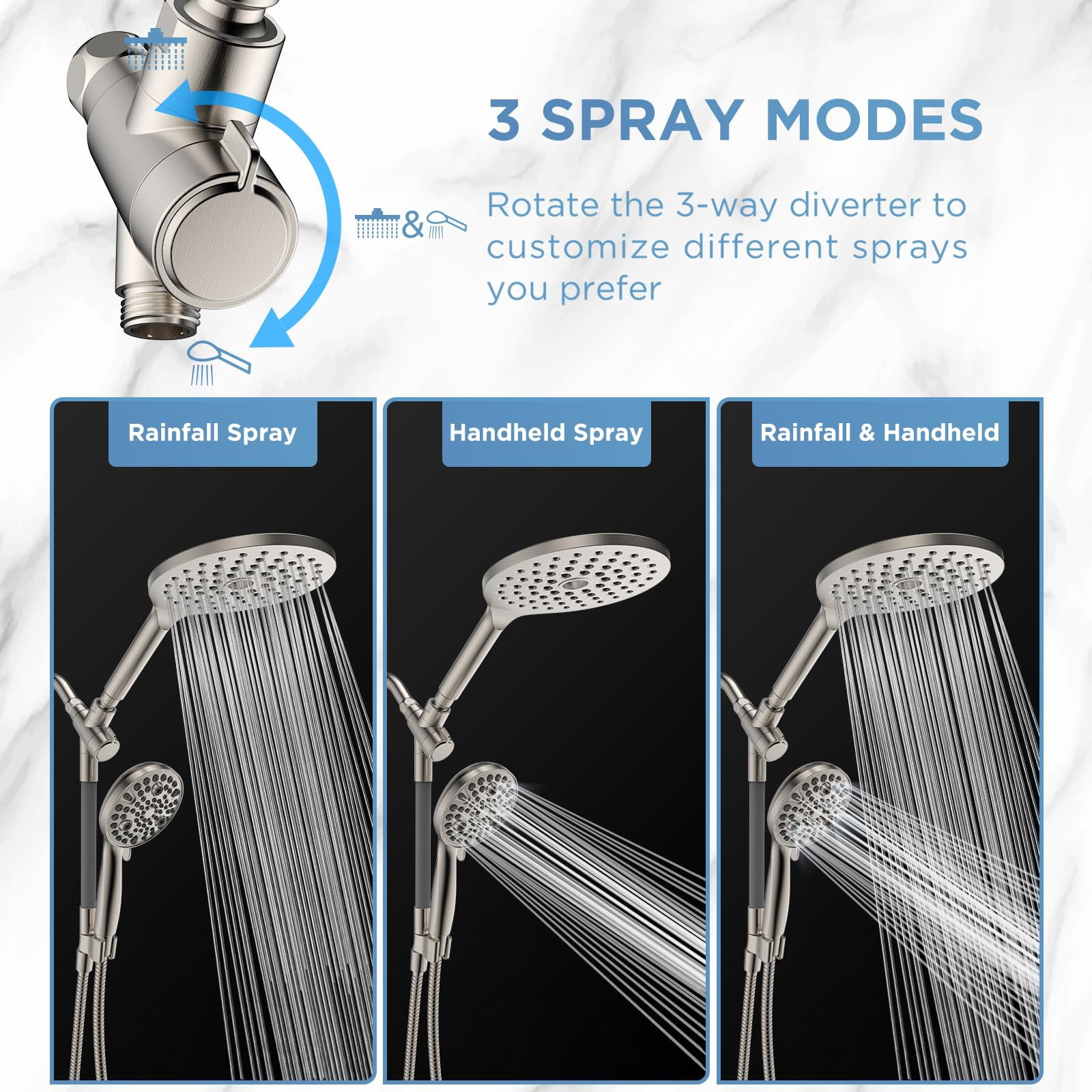 Dual Handheld Shower Head Combo  2-in-1 Rain Heads System 8 Inch Rainfall And 10 Modes High Hand Held Showerhead With Built-in Power Wash