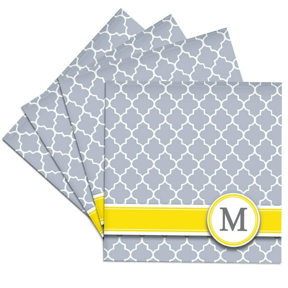 3dRose, Your personal name initial letter M - monogrammed grey quatrefoil pattern - personalized yellow gray, Set of 4 Ceramic Tile Coasters
