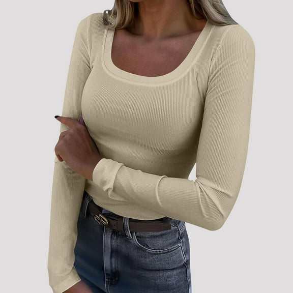 Ailaofu Womens Long Sleeve Scoop Neck Ribbed Knit Fitted Casual Tops Tee Slim Basic Shirts