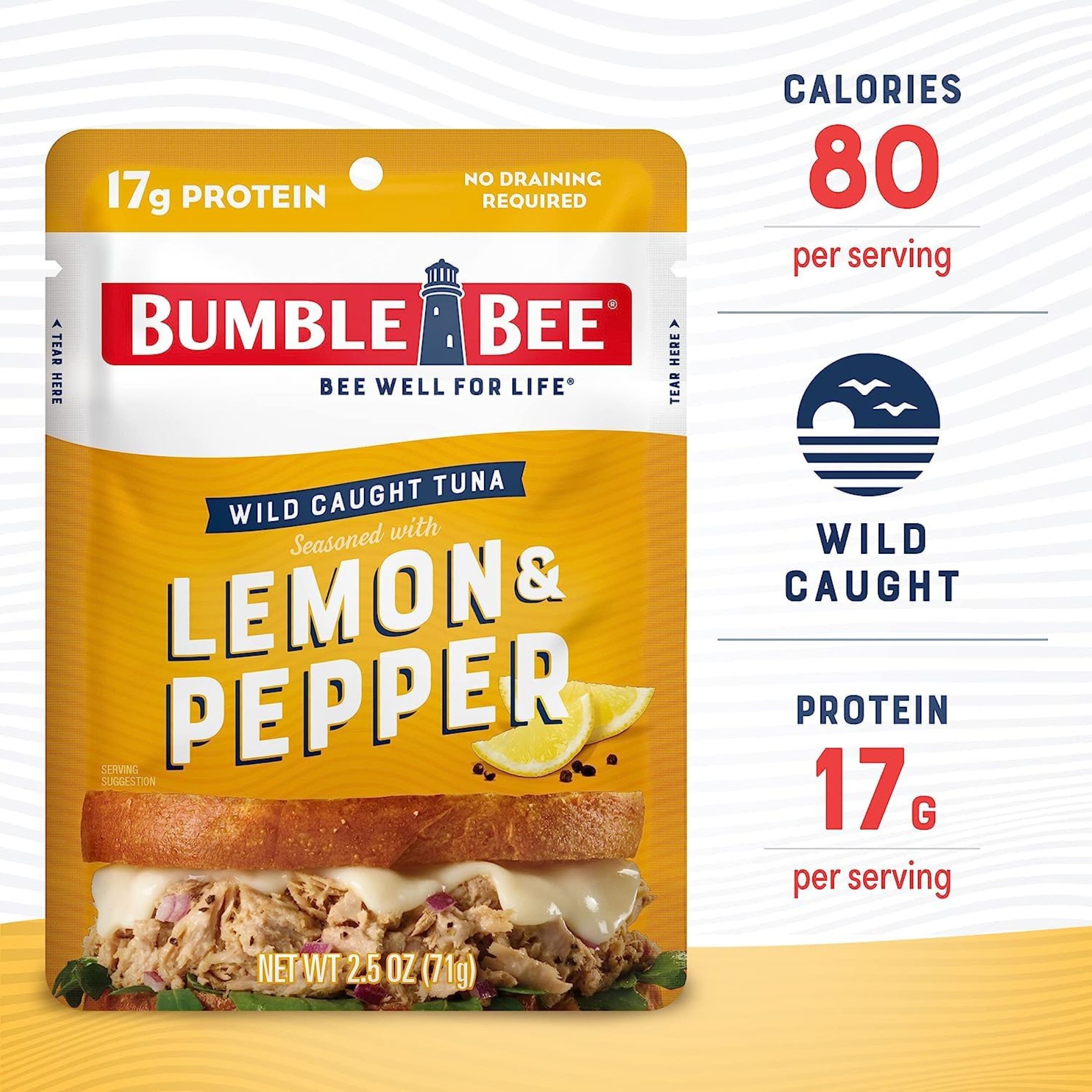 Bumble Bee Lemon & Pepper Seasoned Tuna, Wild Caught, Ready to Eat, Gluten Free, 17g of Protein per Serving, Shelf Stable Pouch, 2.5 oz