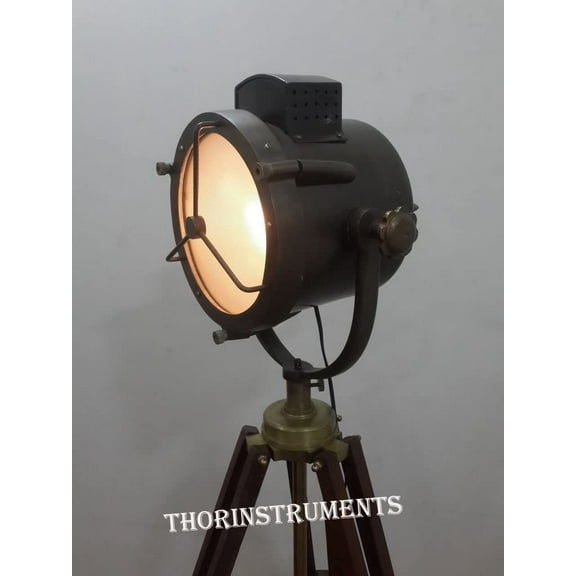 Antqiue Look Beautiful Spot Light With Antique Brass & Brown Wood Tripod Stand