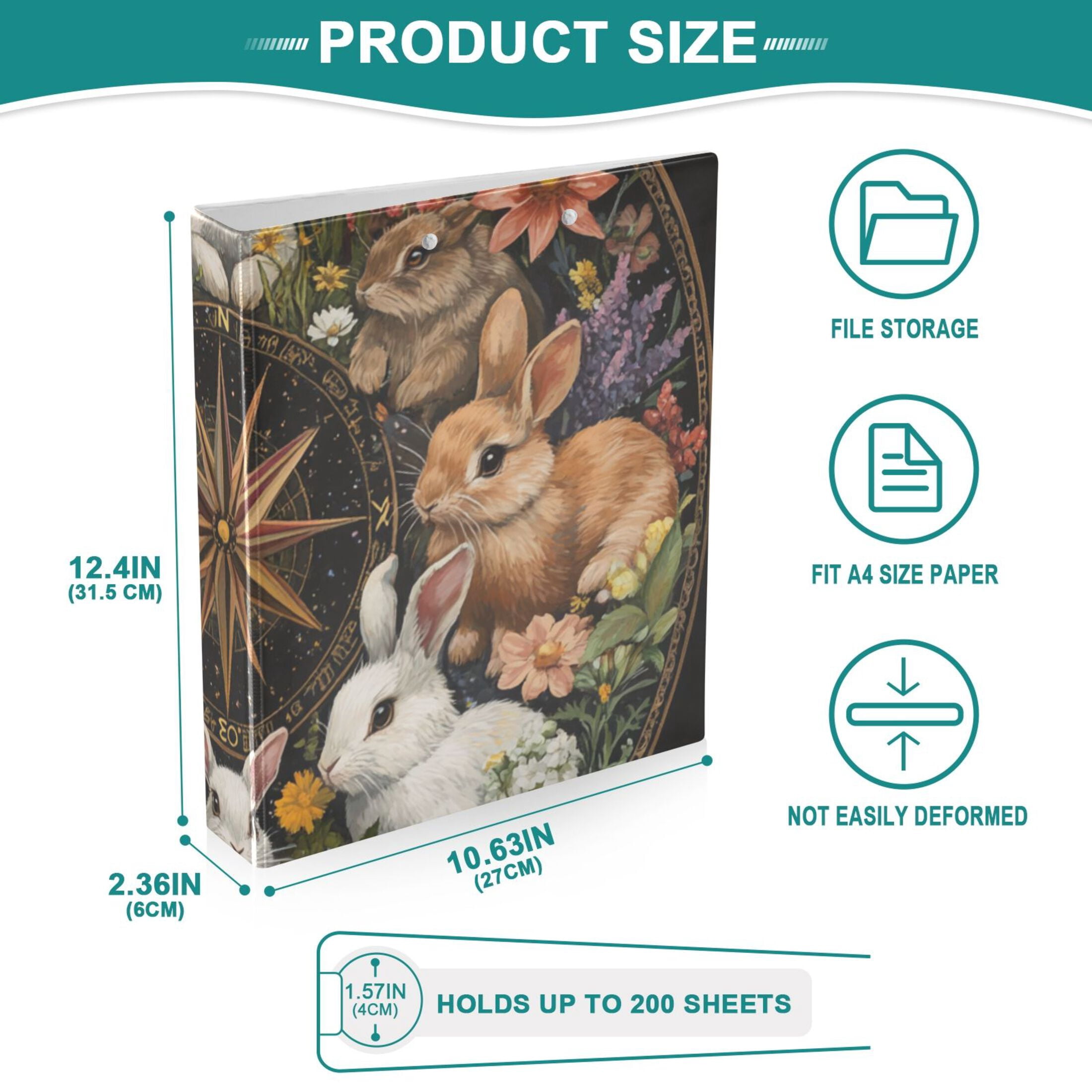 Rabbits Flowers Round 3 Ring Binders 1.5 inch Hardcover File Folders with Interior Pockets A4 Size Organizer for School Office Hospital Set of 2
