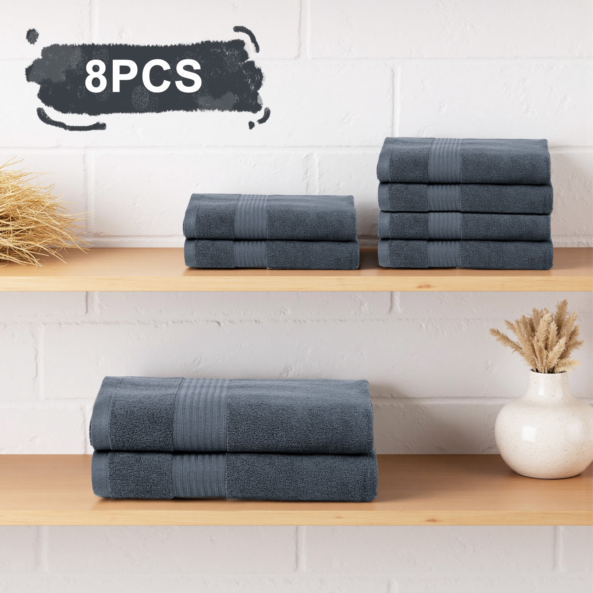 8 Piece Cotton Bath Towel Set, 2 Large Bath Towel, 2 Hand Towels & 4 Wash cloths For Gym, Spa and Bathroom, Dark Gray