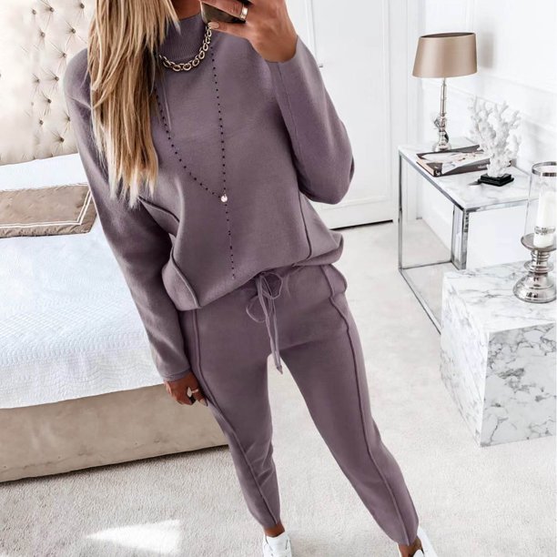 ICHUANYI Clearance Women's Fashion High Collar Casual Set Casual Top And Pants Two-piece Sportswear(Purple, XL) ICHUANYI WER2023081514491