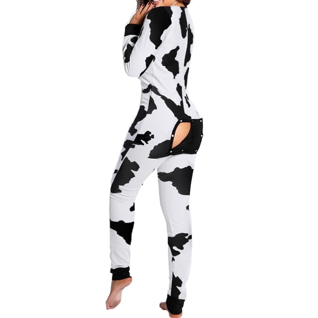 Fashnice Combinaison pour Femmes Col en V Pyjama Moulant à Rabat Boutonné Confortable pour les Vacances Noir Vache TG
