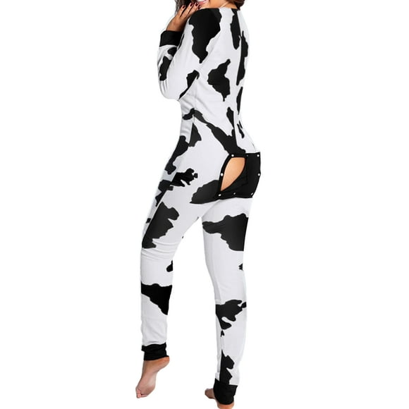 Avamo Women Bodycon Pajamas Long Sleeve Romper V Neck Jumpsuit Comfy Sleepwear Party Nightwear Cow Black XL