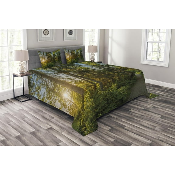 Ambesonne Nature Quilted Bedspread Set 3 Pcs, National Park Trees Path, Queen Size, Blue Green