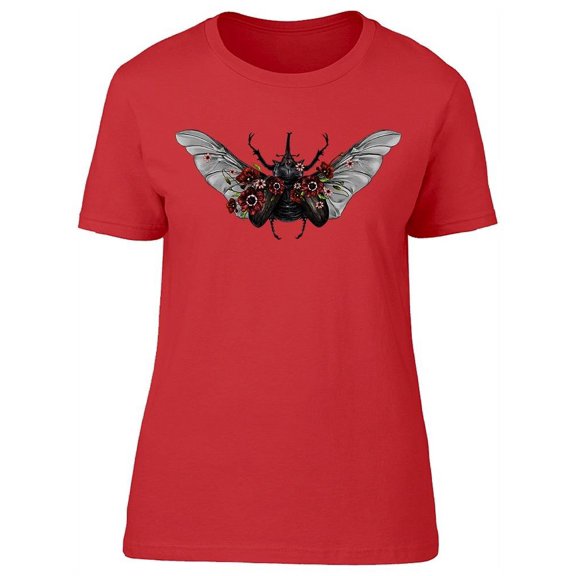 Beetle Rhino Flowers Drawing T-Shirt Women -Image by Shutterstock, Female XX-Large