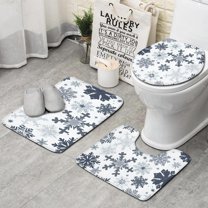 Blue Christmas Snowflake Pattern Bathroom Rugs Sets 3 Piece,Toilet Cover Set,Absorbent Non Slip Bathroom Mats Sets with U-Shaped Contour Rug Toilet Rug Set