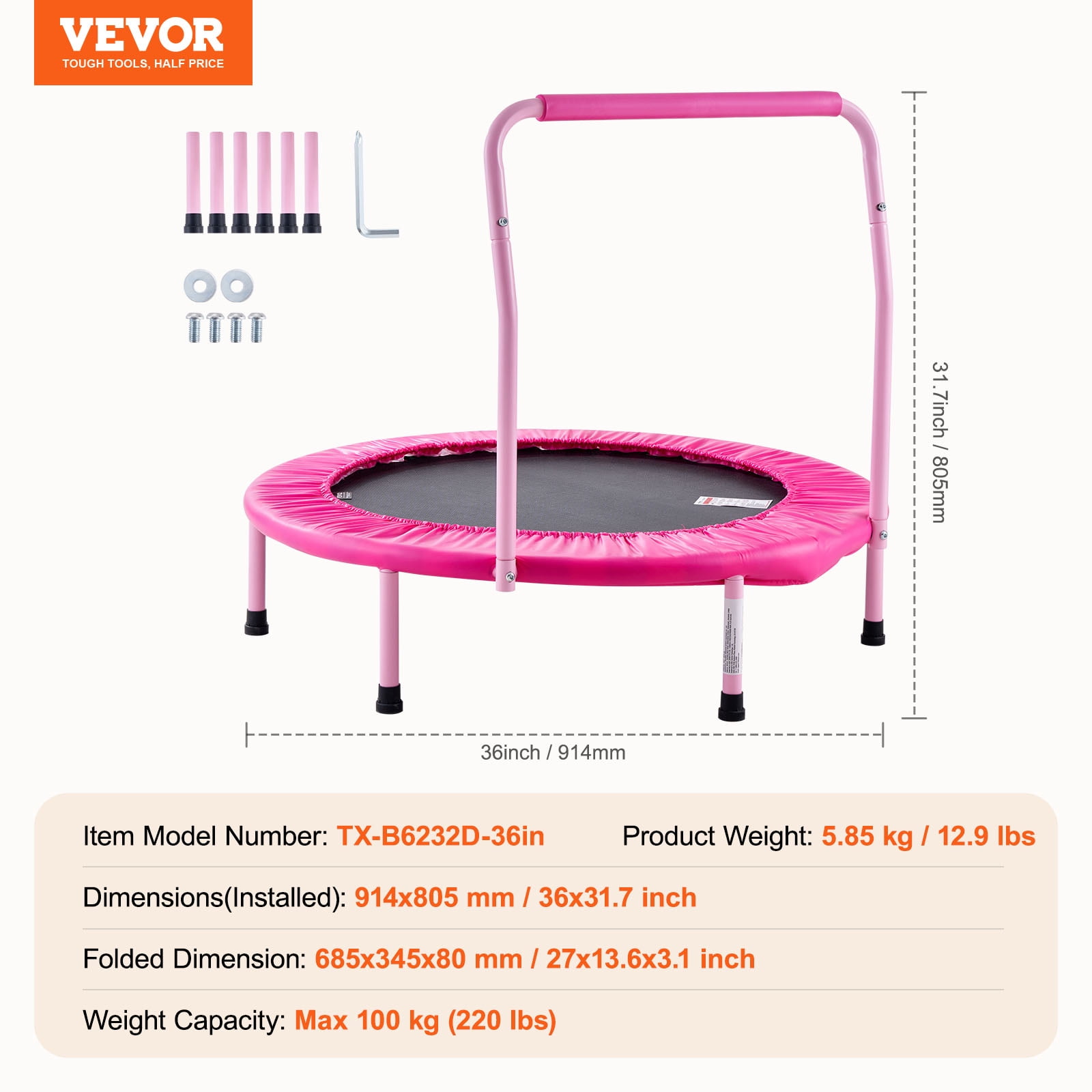 VEVOR 36" Kids Trampoline, 3FT Indoor Outdoor Trampoline, Foldable Mini Trampoline with Handle, Rebounder Trampoline for Toddlers, Birthday Gift for 3+ Years Children, Boys Girls for Fun, Pink