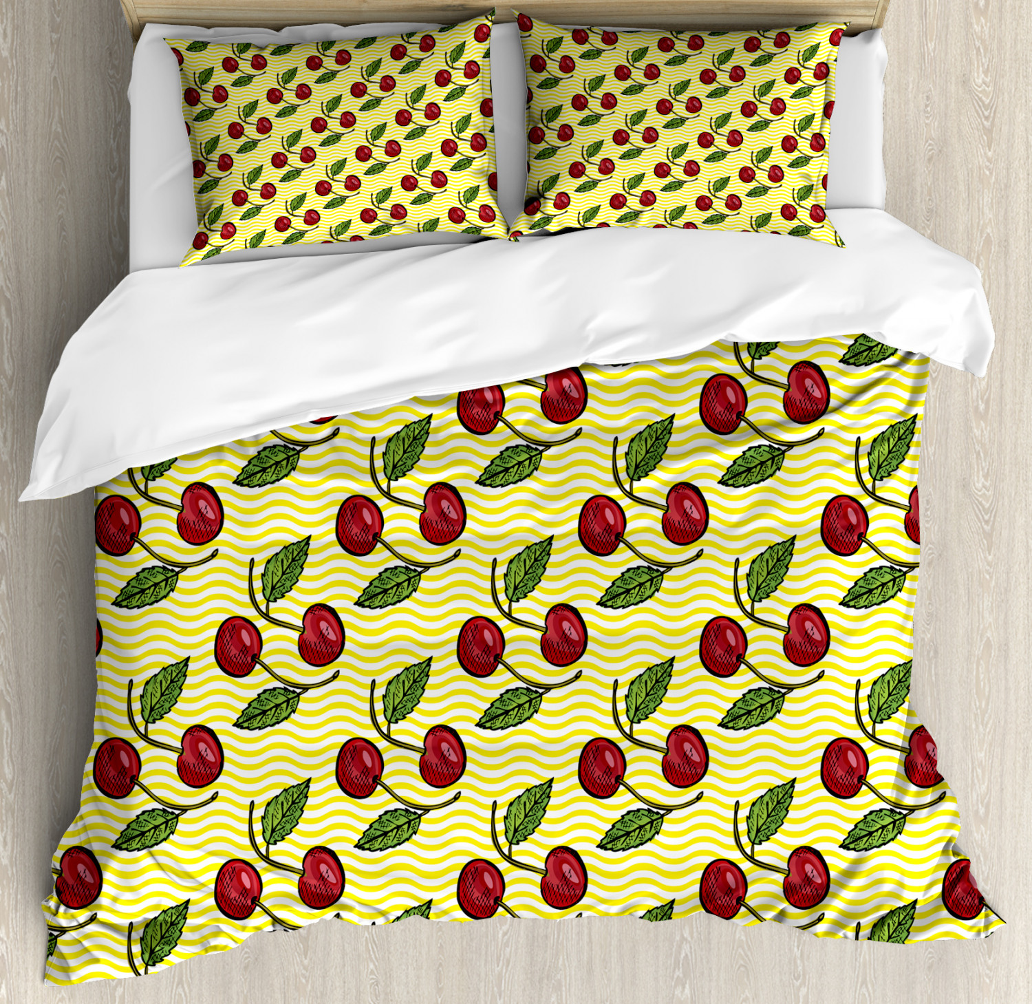 Fruit Duvet Cover Set Queen Size, Hand Drawn Cherry Design on Yellow