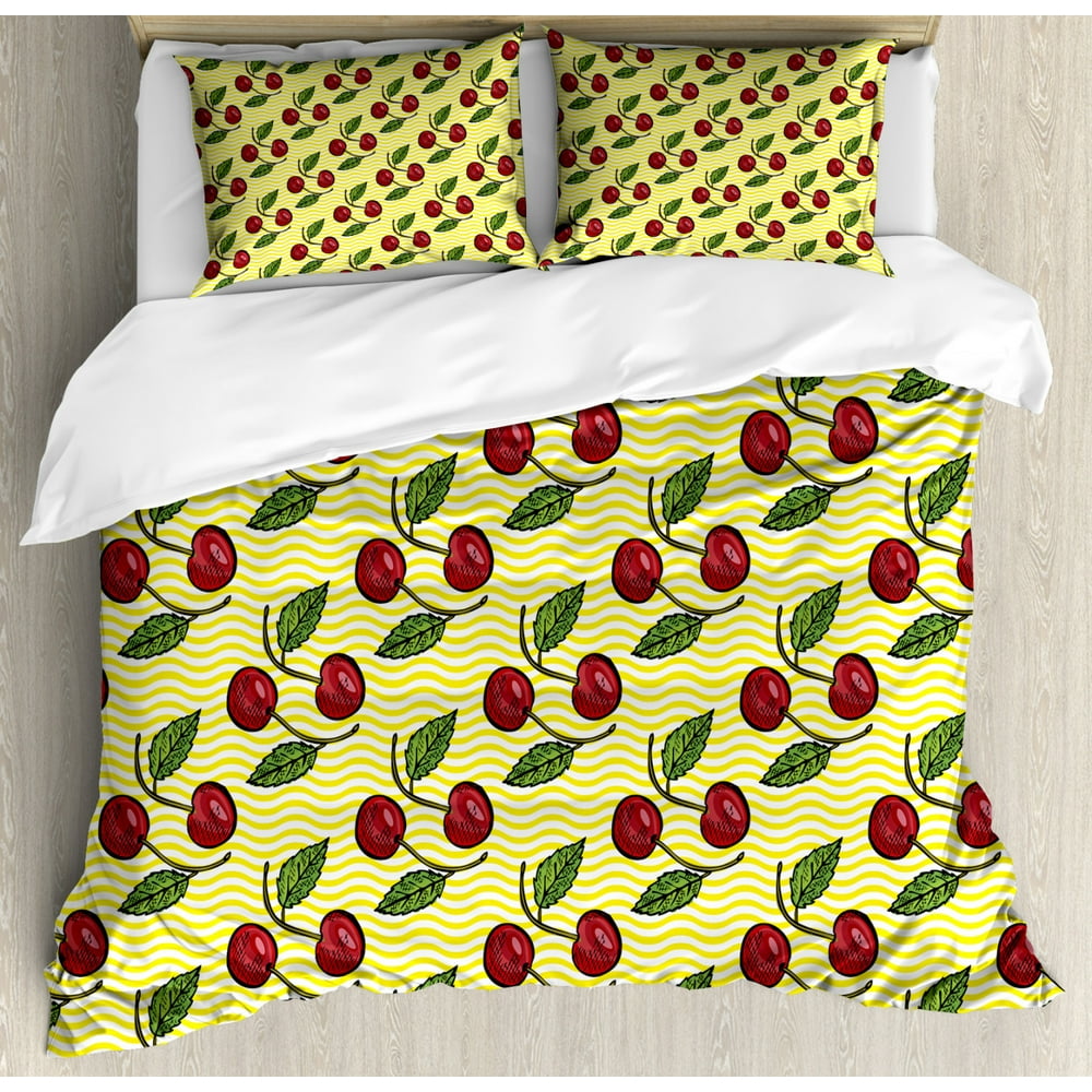 Fruit Duvet Cover Set King Size, Hand Drawn Cherry Design on Yellow
