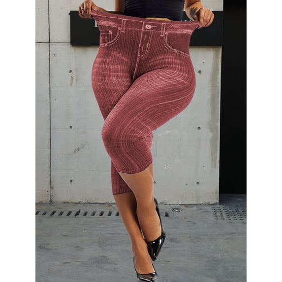 LovelyWholesale Women's Plus Size Imitation Denim High-waisted Stretchy Leggings