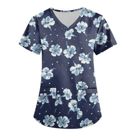 

KDDYLITQ Fitted Scrubs for Women Fall Floral V Neck T Shirt Short Sleeve Nurses Uniform Workwear Tunic Casual Clinic Blouse Carer Top on Clearance with Pockets Gray 5X