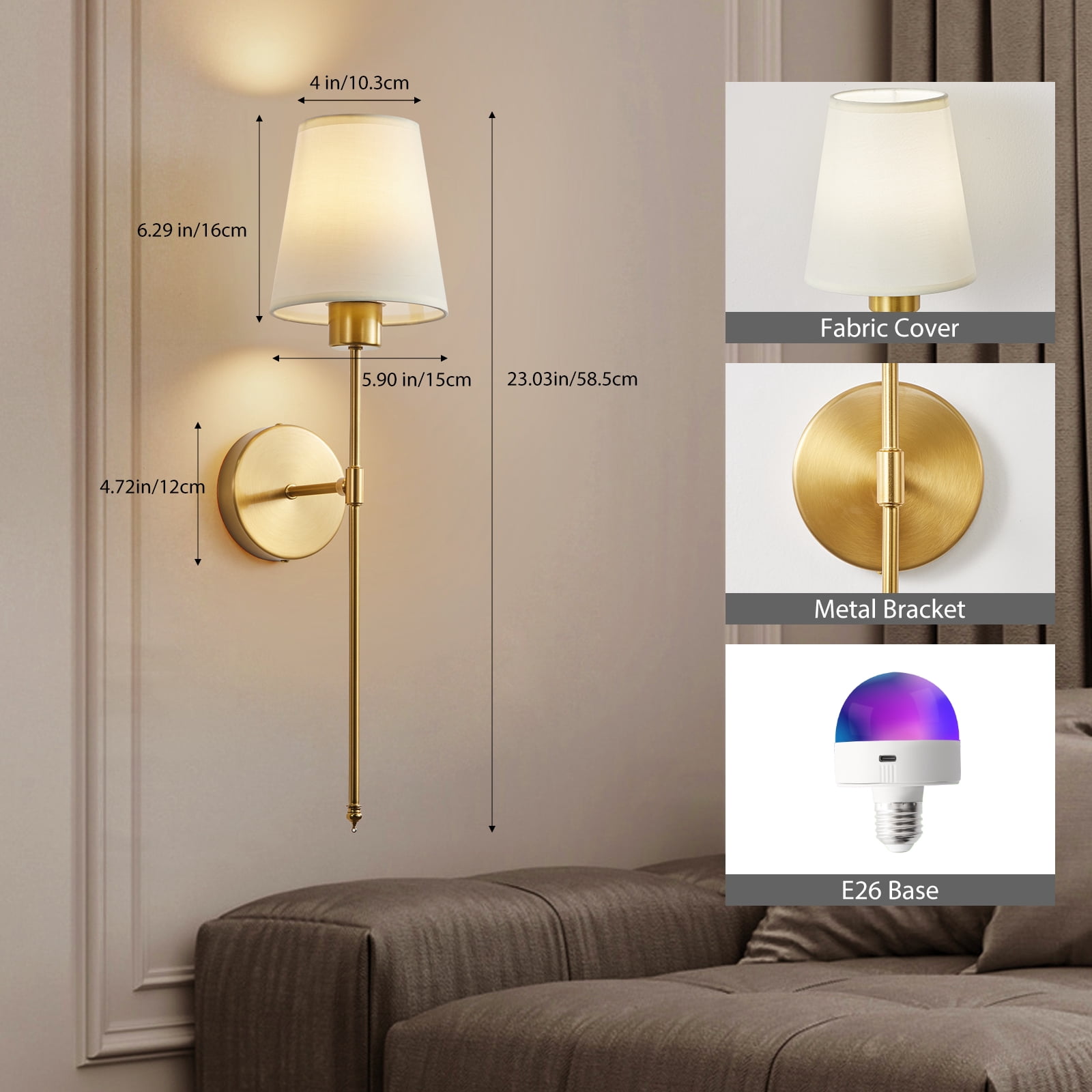 Wireless Rechargeable Wall Sconce Set of 2, RGB Dimmable Light with 15 Colors and Remote Control, Modern Wall Lamp for Bedroom, Living Room, Hallway
