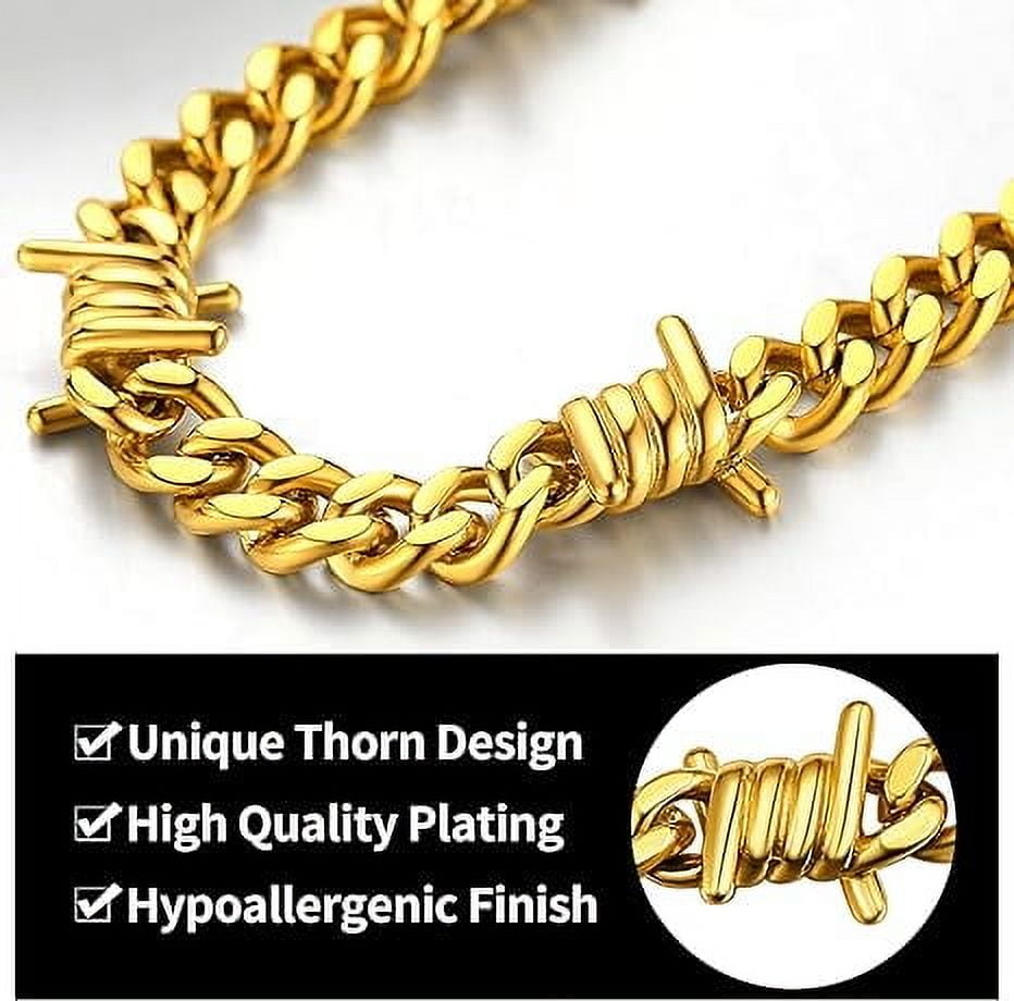 ChainsHouse Gold Plated Barbed Wire Necklaces for Men Women Punk Thorns Chain Necklace 9mm Width Chunky Chains Jewelry Gift, 16 inch