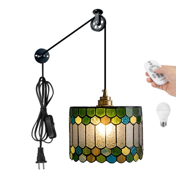 Kiven Plug in Pendant Light Adjustable Height, Antiqued Stained Glass Hanging Light Fixture with Remote and Brass Lamp Holder, Dimmable Pendant Light for Reading Hallway Kitchen Island Bedroom