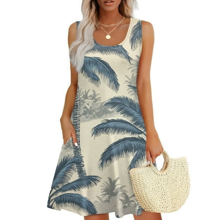 GXIPO Summer Dresses for Women 2025 Aline U Neck Swimsuit Coverup Dress Vacation Sundress Sleeveless Casual Boho Hawaiian with Pockets Beige 2XL