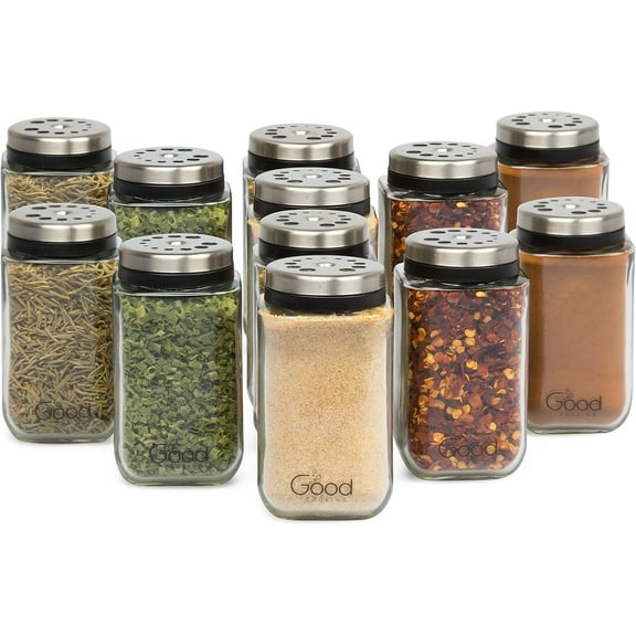 Adjustable Glass Spice Jars (Set of 12) w 6 Pouring Sizes- Stainless Steel Lid/Cap- Square Seasoning Containers for Minimalist Kitchen Pantry Storage Organization