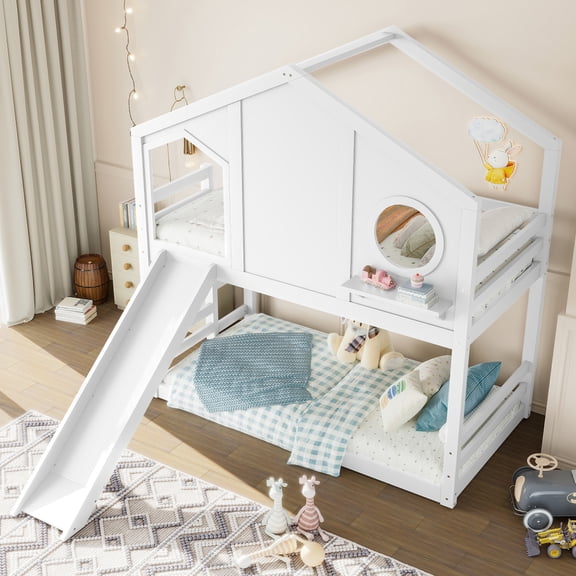 Twin House Bunk Bed with Slide and Storage Shelves, Solid Wood House Loft Bed with Window, House  Design, White