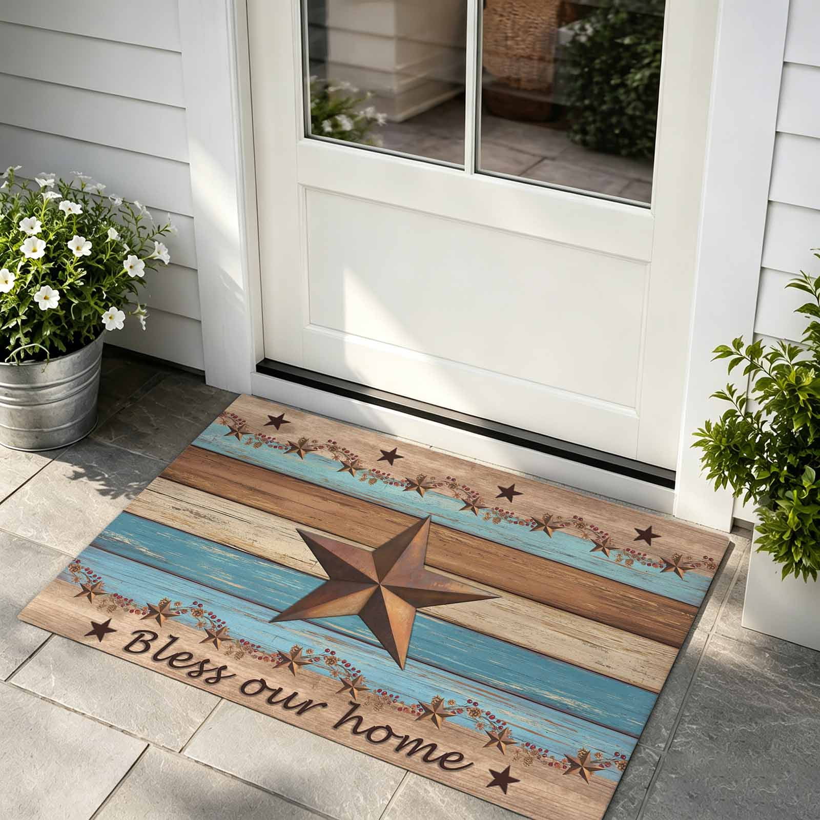 Front Door Mat Indoor Outdoor Entrance Western Texas Star Retro Low Profile Doormats Non-Slip Backing Country Farmhouse Light Blue Brown Wooden Absorbent Welcome Mat for Entryway Hallway 16 x24