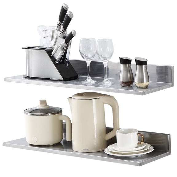VEVOR 8.6" x 30" Stainless Steel Shelf 2 Pcs, Wall Mounted Floating Shelving with Backsplash, 44 lbs Load Capacity Commercial Shelves, Heavy Duty Storage Rack for Restaurant