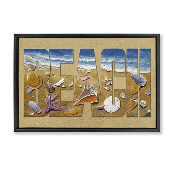 Stupell Industries Outlined Beach Letters Nautical & Beach Painting Black Floater Framed Canvas Art Print Wall Art, 25 x 17
