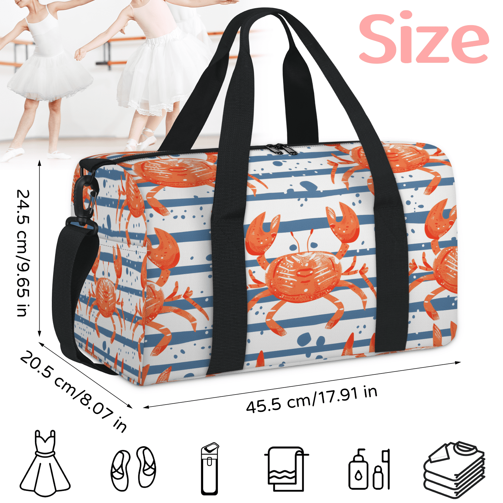 Herdesigns Crab Travel Duffle Bag Sports Yoga Weekender Overnight Carry on Workout Bags Lightweight Waterproof Gym Tote Bag for Women Ocean