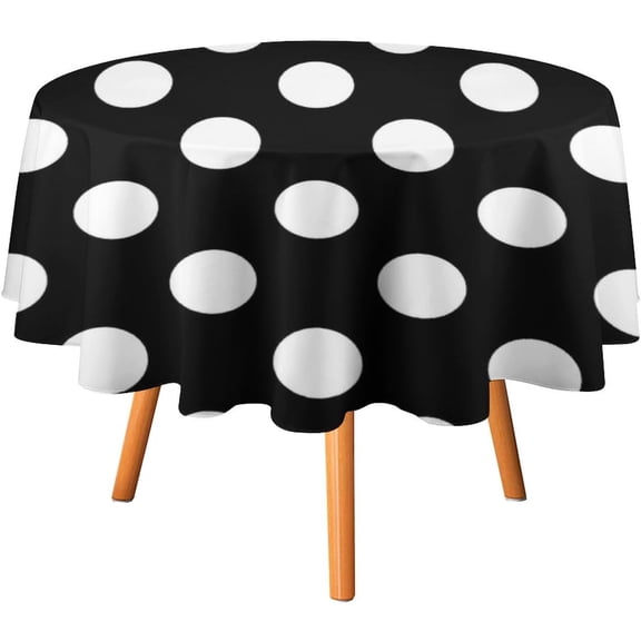 Tablecloth Polka Dots on Black Table Cover 60inch Round Washable Table Cloth for Kitchen Dinning Party Tabletop Modern Decoration