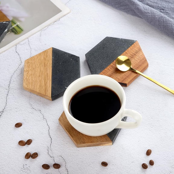 Wood Black Marble Coasters for Drinks, Modern Rustic Acacia Hexagon Coaster Set Decorative Bar Coaster for Coffee Table Beer Mug Home Decor