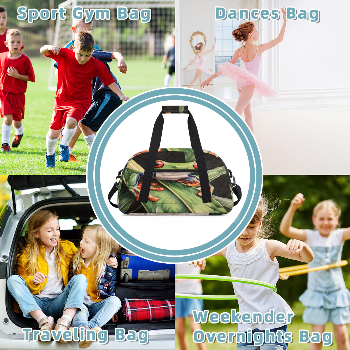 Herdesigns Forest Tree Frog Sports Duffle Bags Travel Duffle Bag Gym Bag Animals Palm Leaves Weekender Travel Bag Waterproof Overnight Bag Carry On Travel Tote Bag Dance Bags