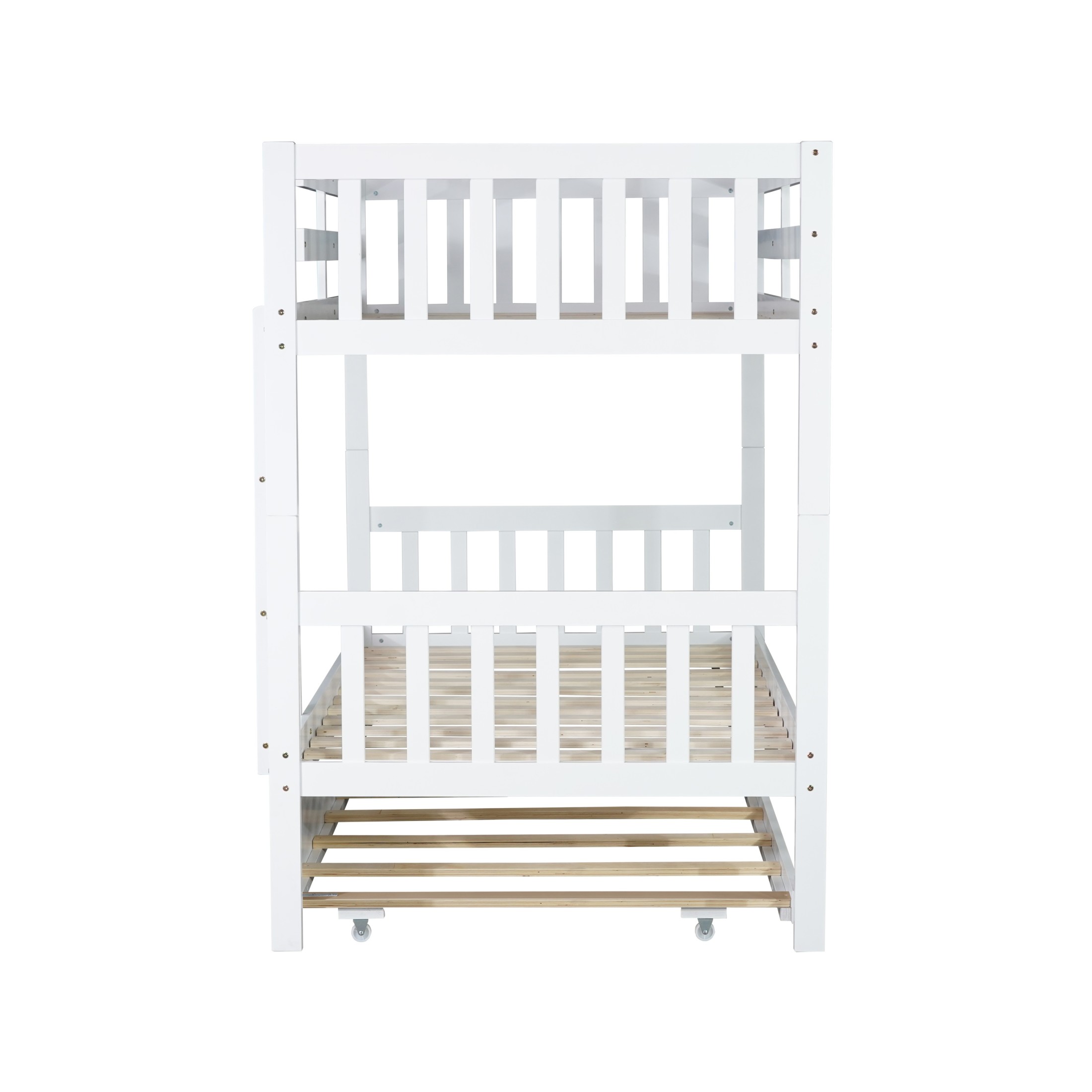 Noble House Twin Over Twin Bunk Bed with Trundle, Rubber Wood Frame with Ladder and Guardrails, Convertible, White