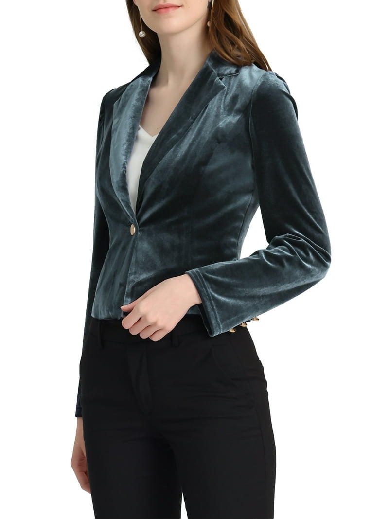 DARING DIVA Women's Button Front Velvet Blazer Lapel Crop Suit