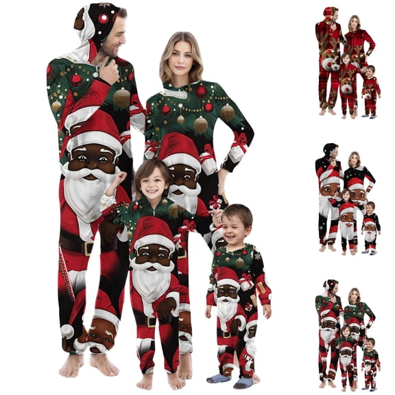 QIUOMBBP Christmas Family Matching Pajamas Cute Printed Xmas Long Sleeve Zip Hooded Jumpsuits Casual Rompers Sleepwear, Multicolor, XXL