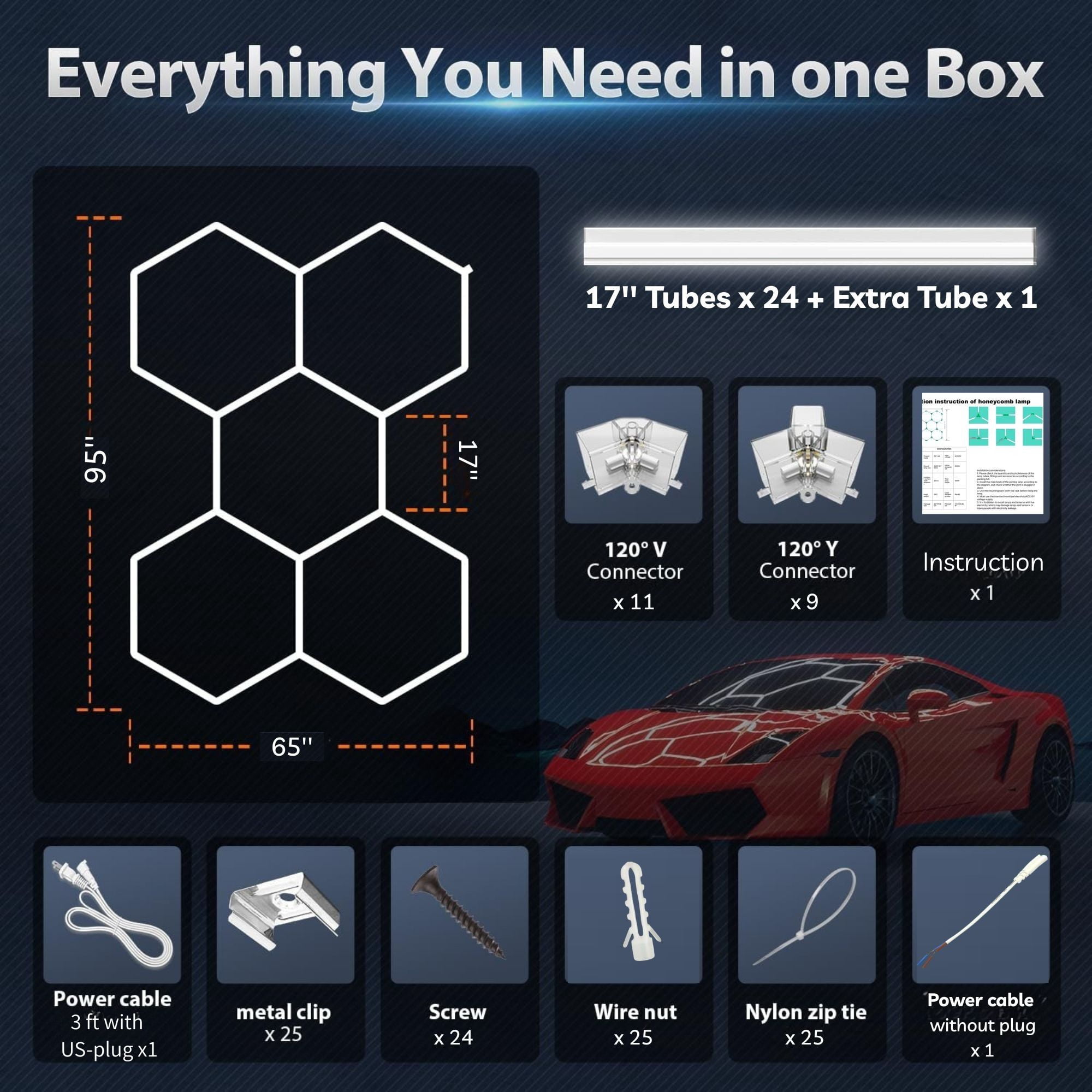 VFM Hexagon LED Garage Light: 25-Pack Updated Bigger Size, 23000LM Super Bright Car Detailing Ceiling LED Shop Light for Warehouse Workshop Gym Basement Car Care Wash Room