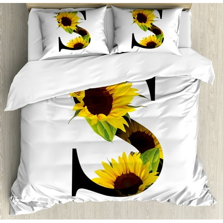 Queen Duvet Cover Dark Green Letter S Queen Size Duvet Cover Set, Letter S with Flora Elements Sunflowers on Dark Colored Abstract Art Print, Decorative 3 Piece Bedding Set with 2 Pillow Shams, Yellow Green Black, by Ambesonne ()