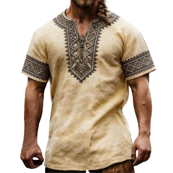 JAJAHO V Neck T Shirt For Men Ethnic Style Print Graphic Tees Casual Short Sleeve Summer Shirts Soft Tops