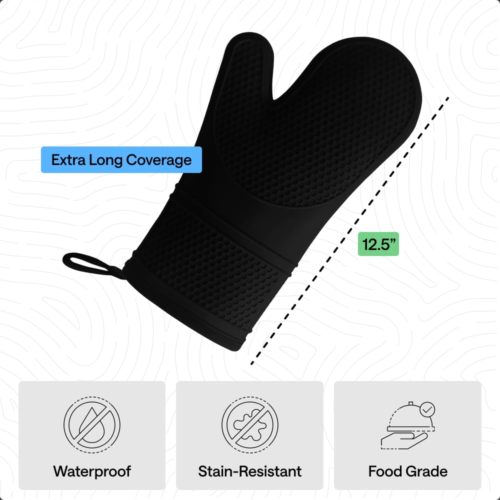 GORILLA GRIP Heat Resistant Durable Silicone Oven Mitts, BPA-Free Protective Grilling Potholders, Soft Cotton Lining, Flexible Waterproof Cooking Mitt Set, Kitchen Home Essentials, 12.5x8.3, Black
