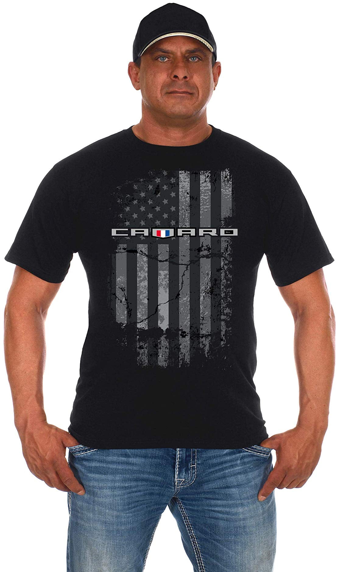 JH DESIGN GROUP Men's Chevy Camaro Black T-Shirt Distressed American Flag 