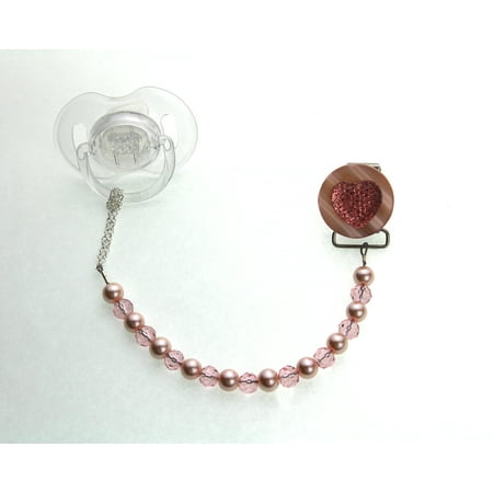 Pink Heart Pacifier Clip with Matching Pearls & Crystals
