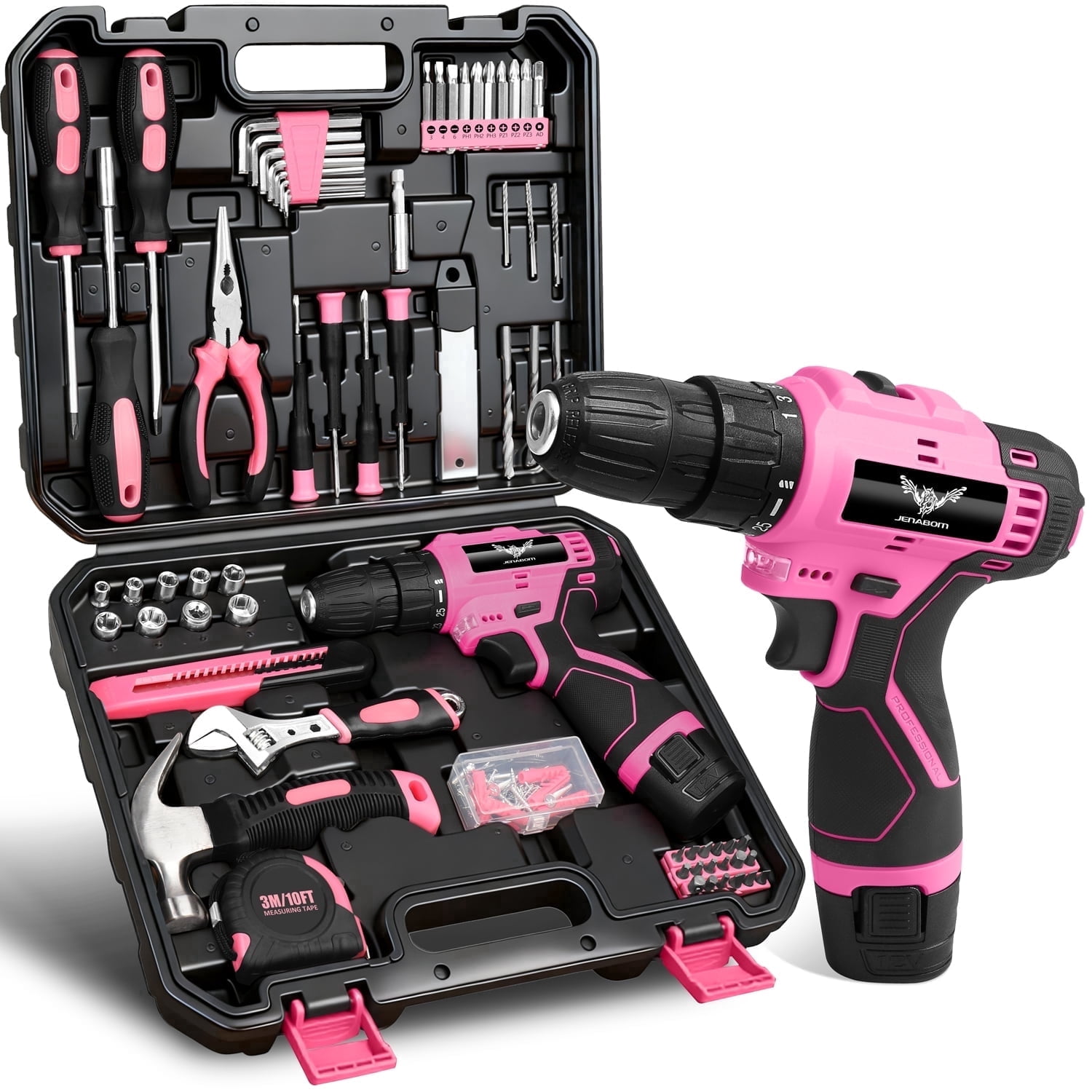 JENABOM Pink Tool Set for Women-12V Cordless Drill Kit, 151 Pcs Box with Hand Drill Driver, Home Tool Kits , Perfect for Homeowner, DIY
