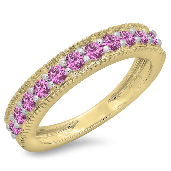 Dazzlingrock Collection 0.50 Carat (ctw) 14K Round Pink Sapphire Millgrain Wedding Stackable Band 1/2 CT, Yellow Gold, Size 8